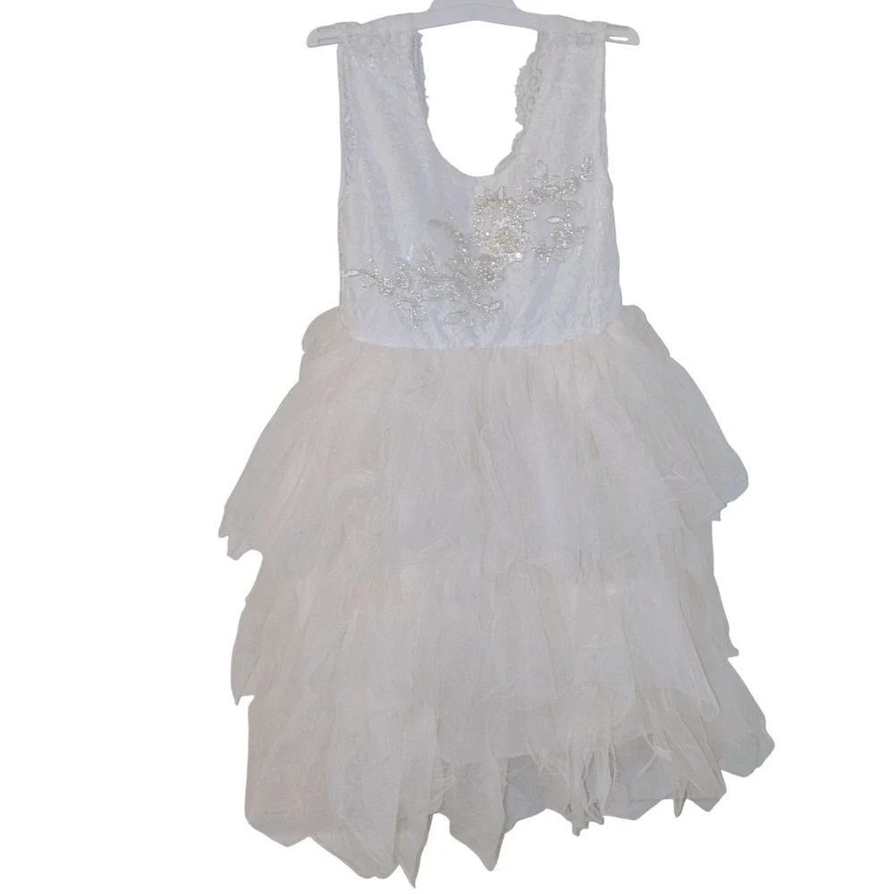 Think Pink Boutique Girls Ivory Lace Tulle Tiered‎ Flower Girl Dress Size 8 NWT